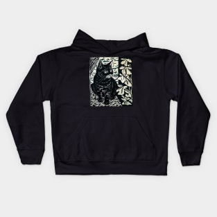 Woodblock print style illustration of black cat Kids Hoodie